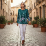 Yolande - Pullover turquesa com flores