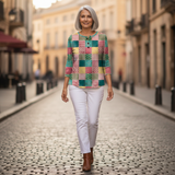 Agnes - Pulôver patchwork rosa e turquesa