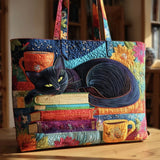 Bolsas Feitas à Mão - Gato Preto com Livros e Canecas