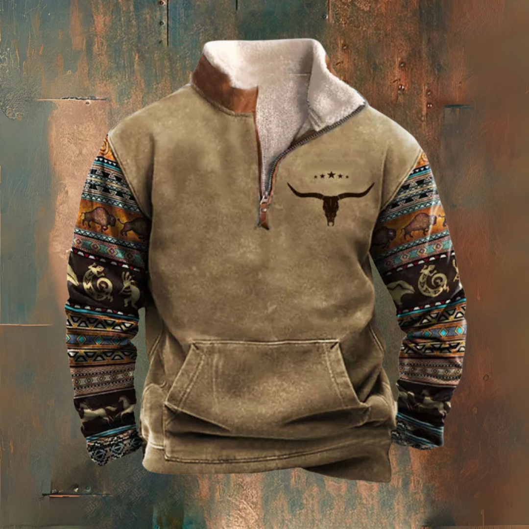 Martin | Sweatshirt de gola alta e meia-zips com mangas em padrão castanho