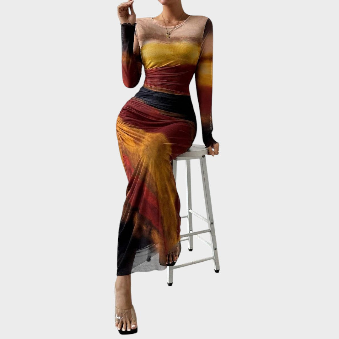 Amélia - Vestido maxi justo com mangas compridas