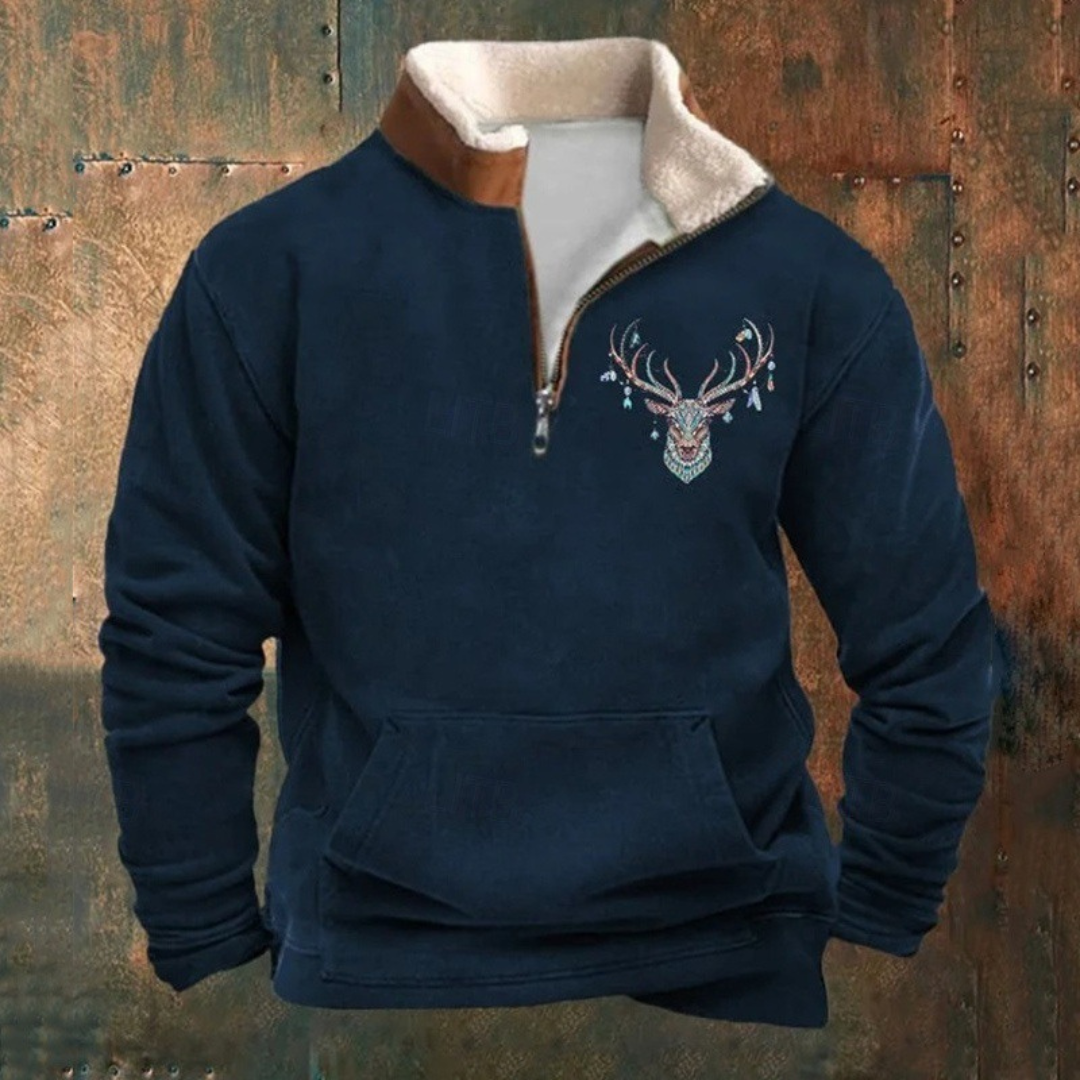 Peter | Sweatshirt de meia-zíper com padrão de veado em olive