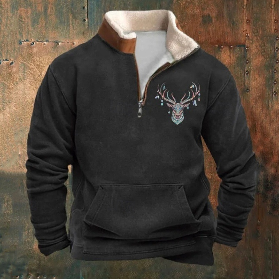 Peter | Sweatshirt de meia-zíper com padrão de veado em olive