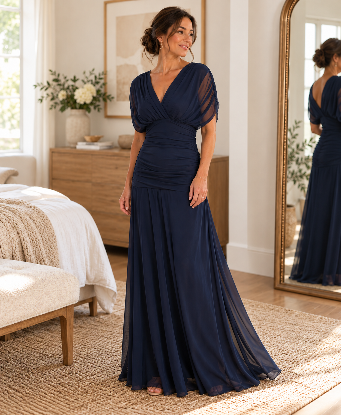 Vestido comprido azul-marinho com decote em V e mangas