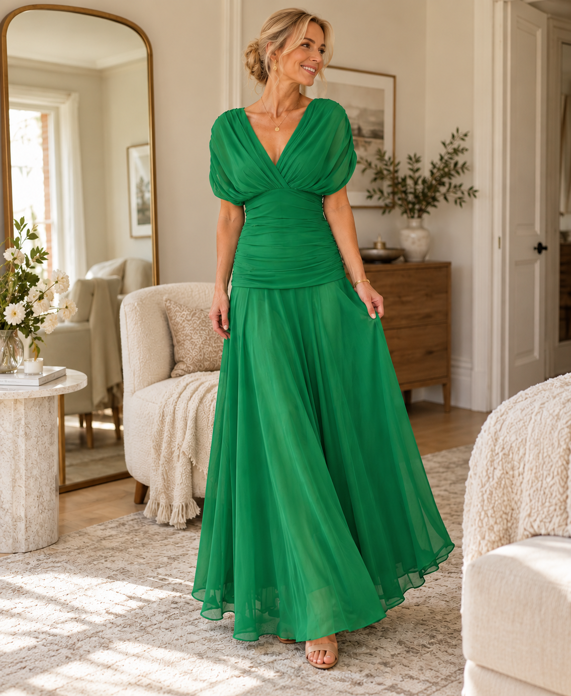 Vestido comprido verde-esmeralda com decote em V