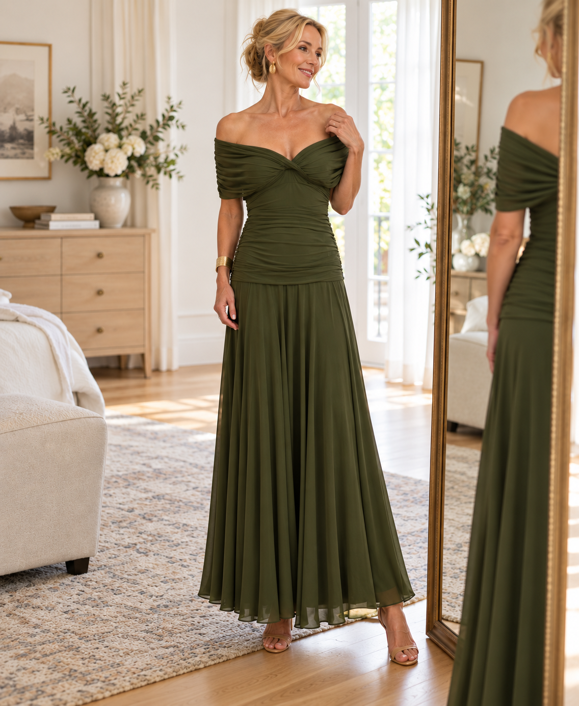Vestido comprido verde-azeitona de ombros descaídos