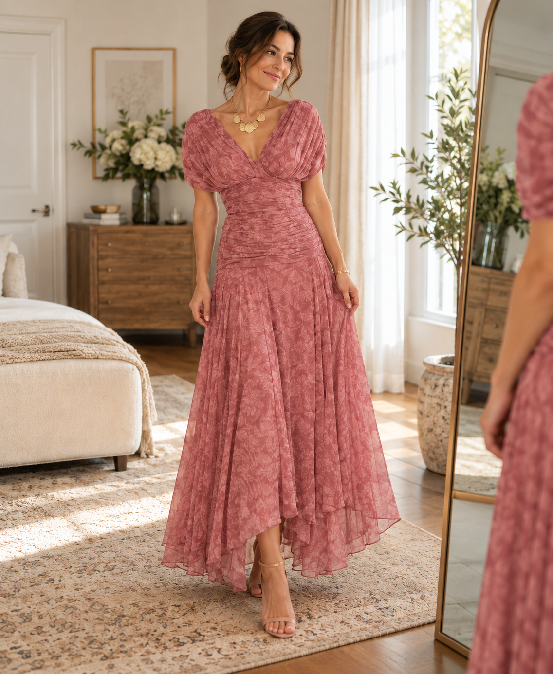 Vestido comprido rosa-velho estampado com bainha assimétrica