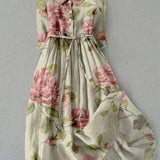 Vestido Feminino - Vestido de Verão com Estampa Floral Vintage e Cintura Ajustável